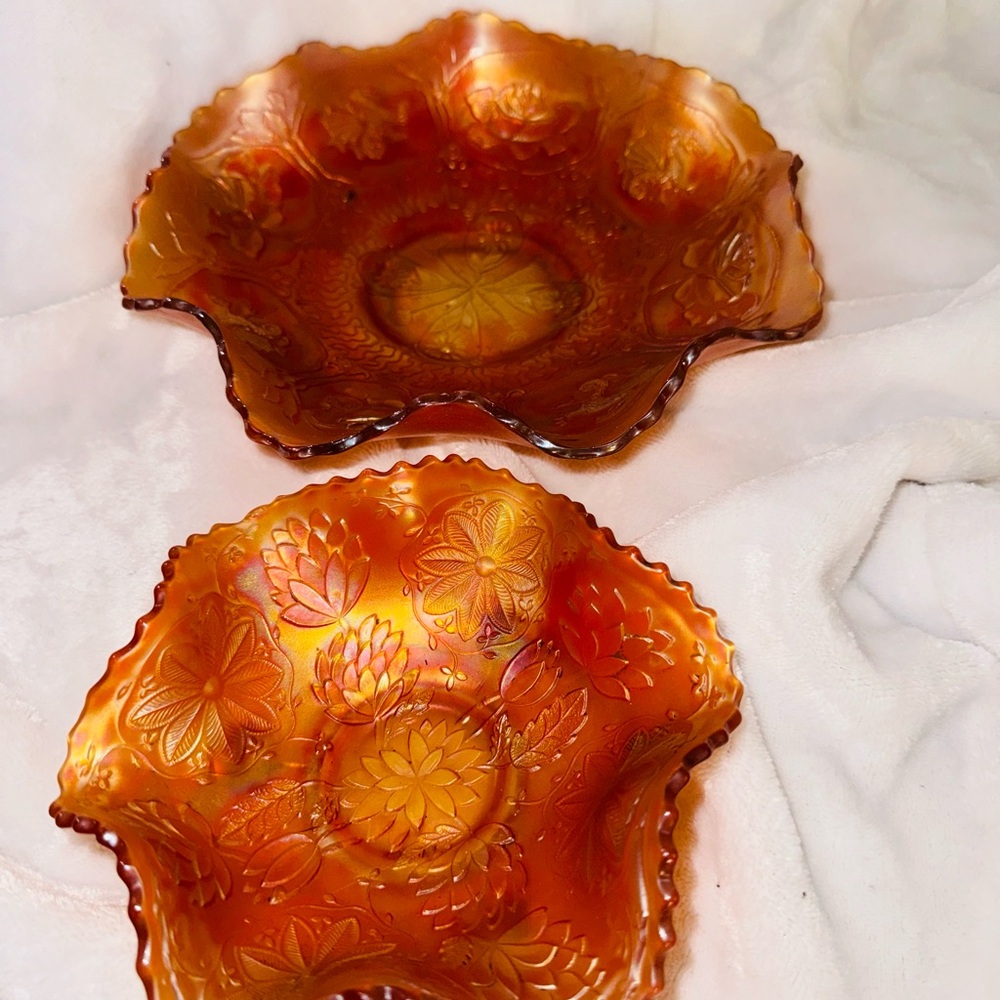 Fenton "Lotus and poinsettia" "lotus and dragon" marigold carnival glass bowl